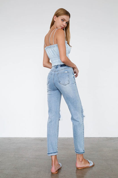 High Waist Destroyed Hem Boyfriend Jeans - Tigbul's Variety Fashion Shop