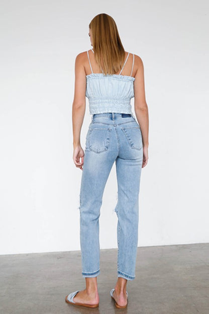 High Waist Destroyed Hem Boyfriend Jeans - Tigbul's Variety Fashion Shop