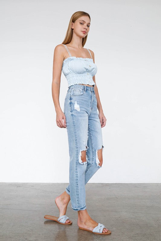 High Waist Destroyed Hem Boyfriend Jeans - Tigbul's Variety Fashion Shop