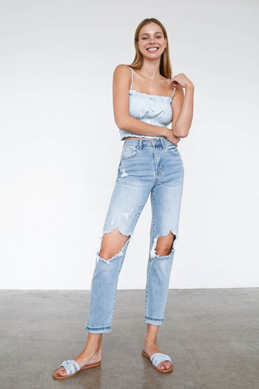 High Waist Destroyed Hem Boyfriend Jeans - Tigbul's Variety Fashion Shop