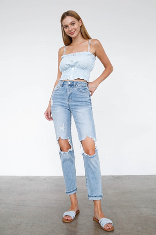 High Waist Destroyed Hem Boyfriend Jeans - Tigbul's Variety Fashion Shop