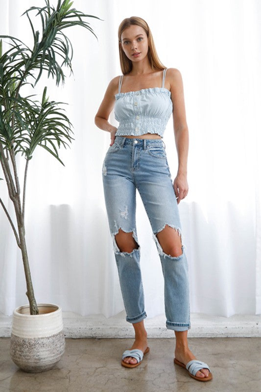 High Waist Destroyed Hem Boyfriend Jeans - Tigbul's Variety Fashion Shop