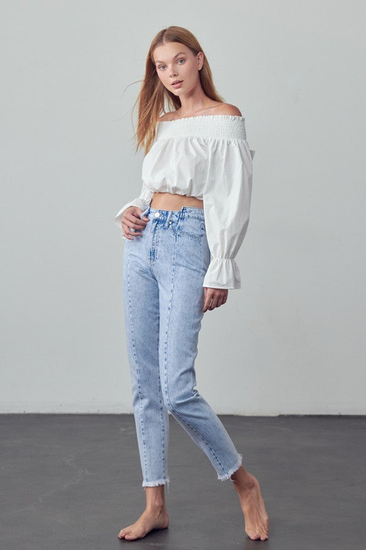 High Waist Frayed Tapered Jeans - Tigbul's Variety Fashion Shop