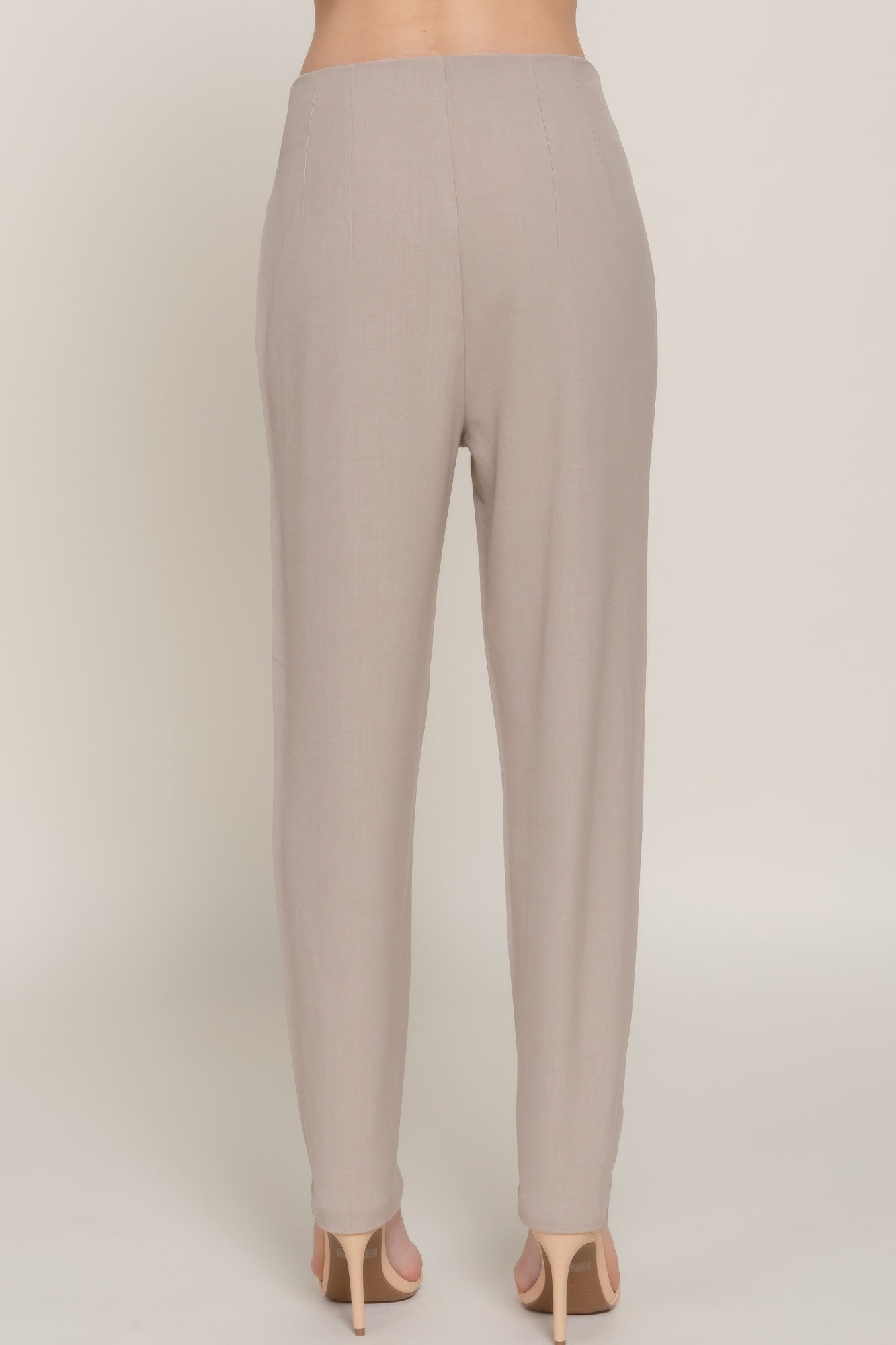 High-waist long pants in heather taupe, back view with smooth waistband