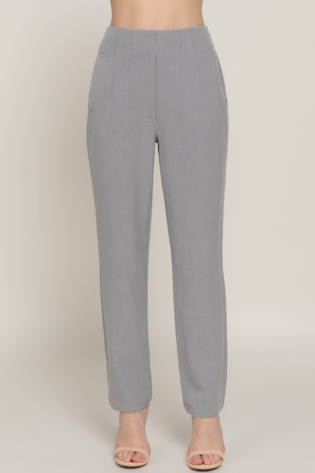High-waist long pants in heather grey, pintuck front and tapered ankle hem