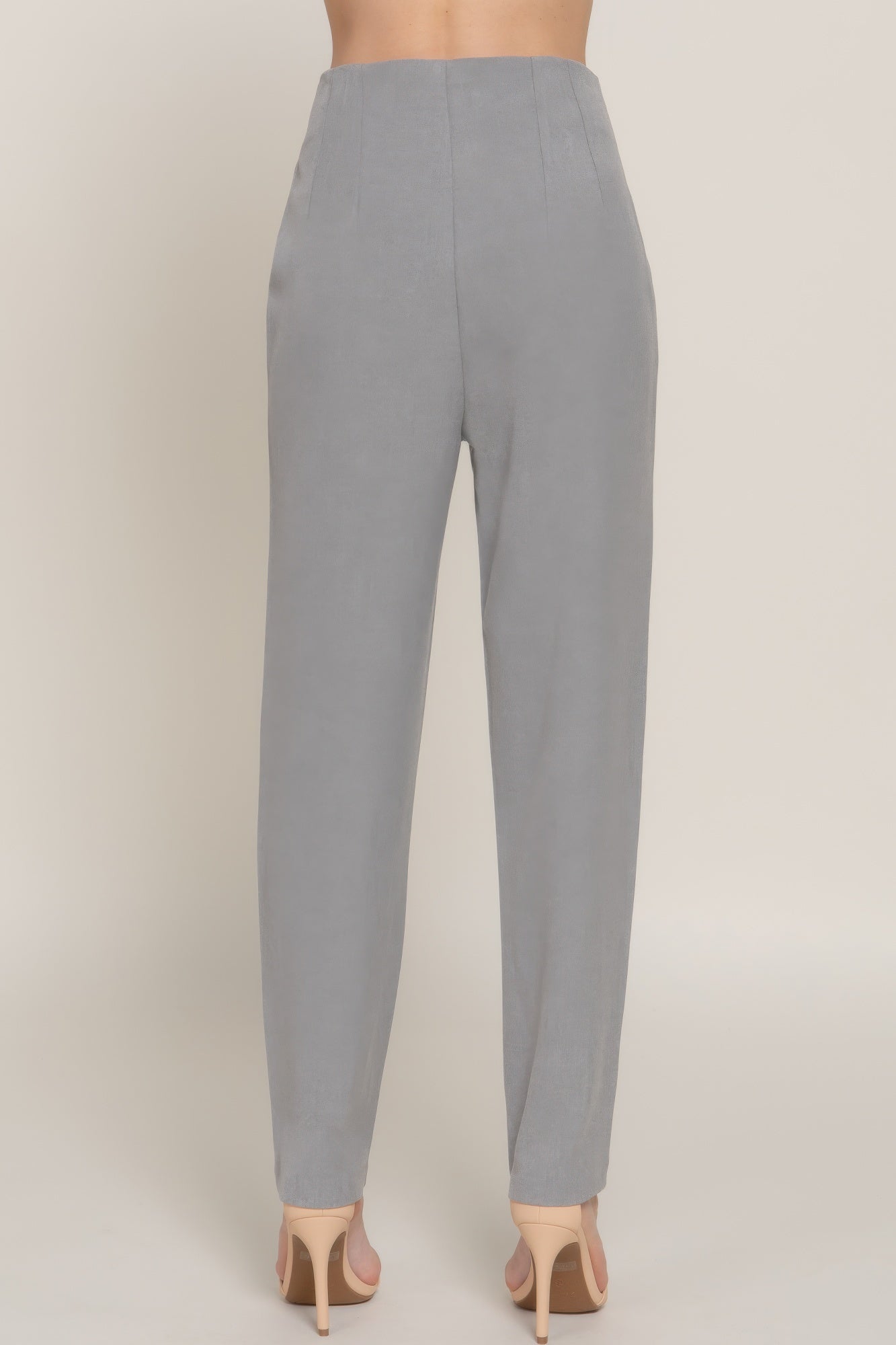 High-waist long pants in heather grey, back view with smooth waistband