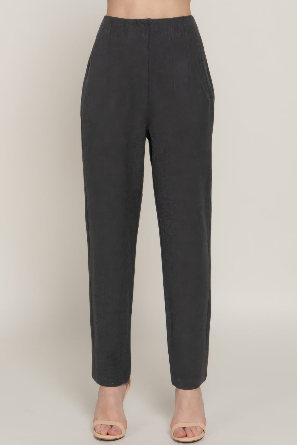 High-waist long pants in heather charcoal, front view with tapered leg