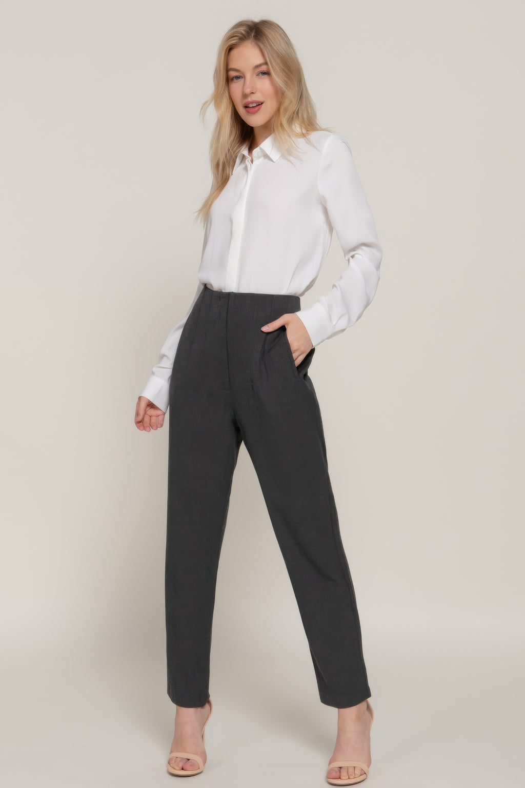 High-waist long pants in heather charcoal with pintuck look and side pockets