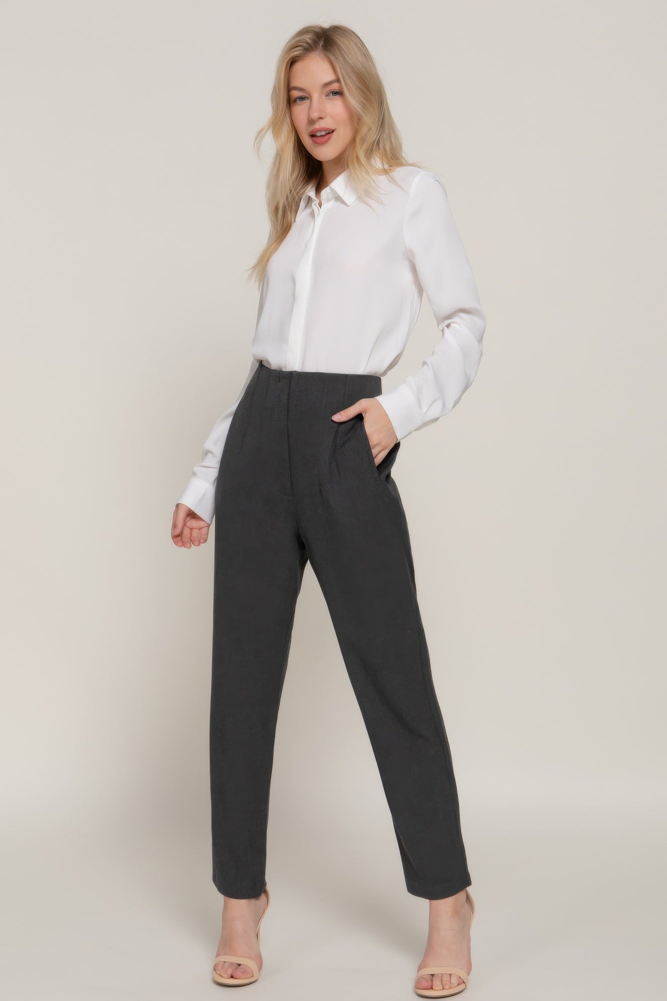 High-waist long pants in heather charcoal with pintuck look and side pockets