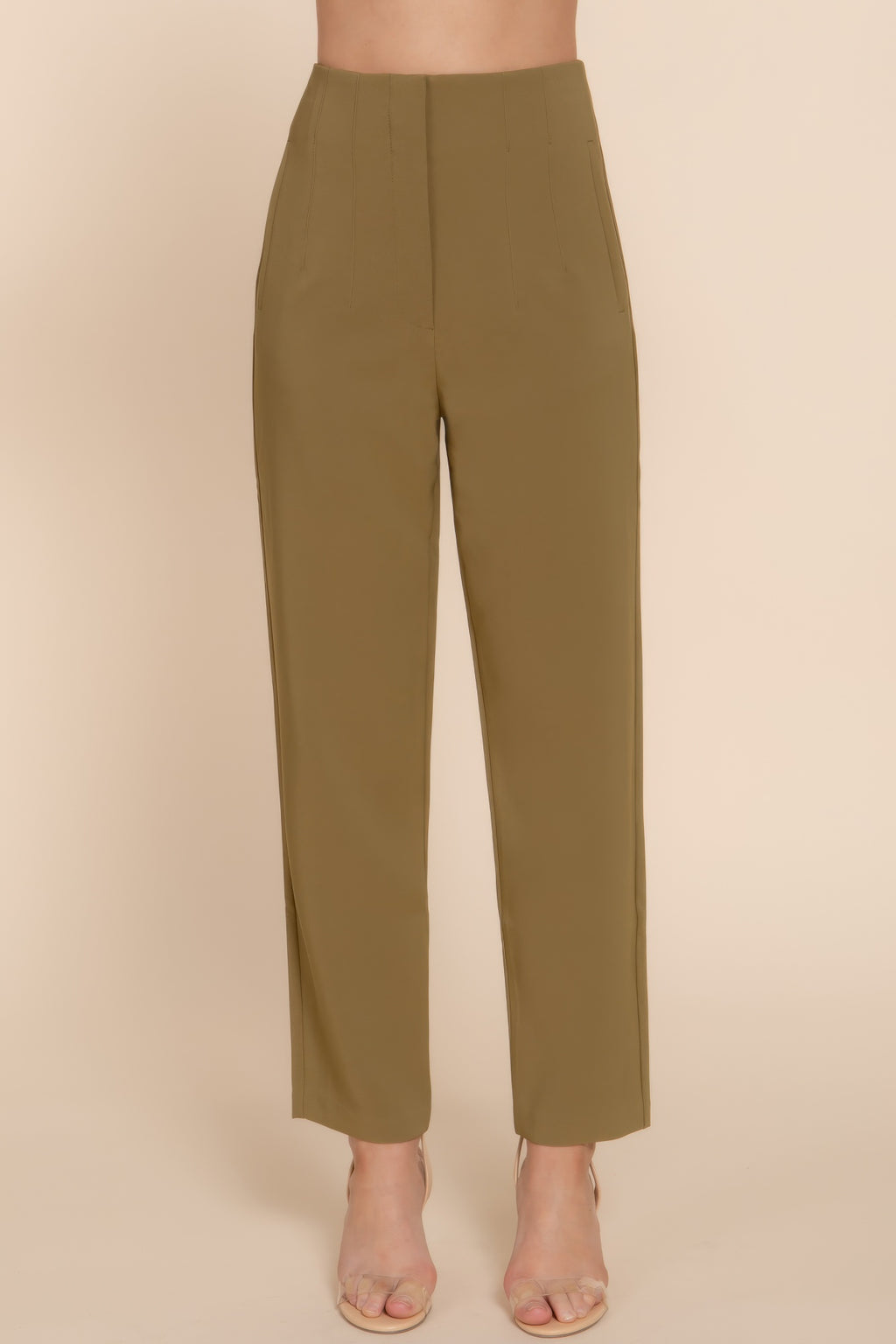 High-waist pintuck detail long pants, olive green, straight-leg ankle length