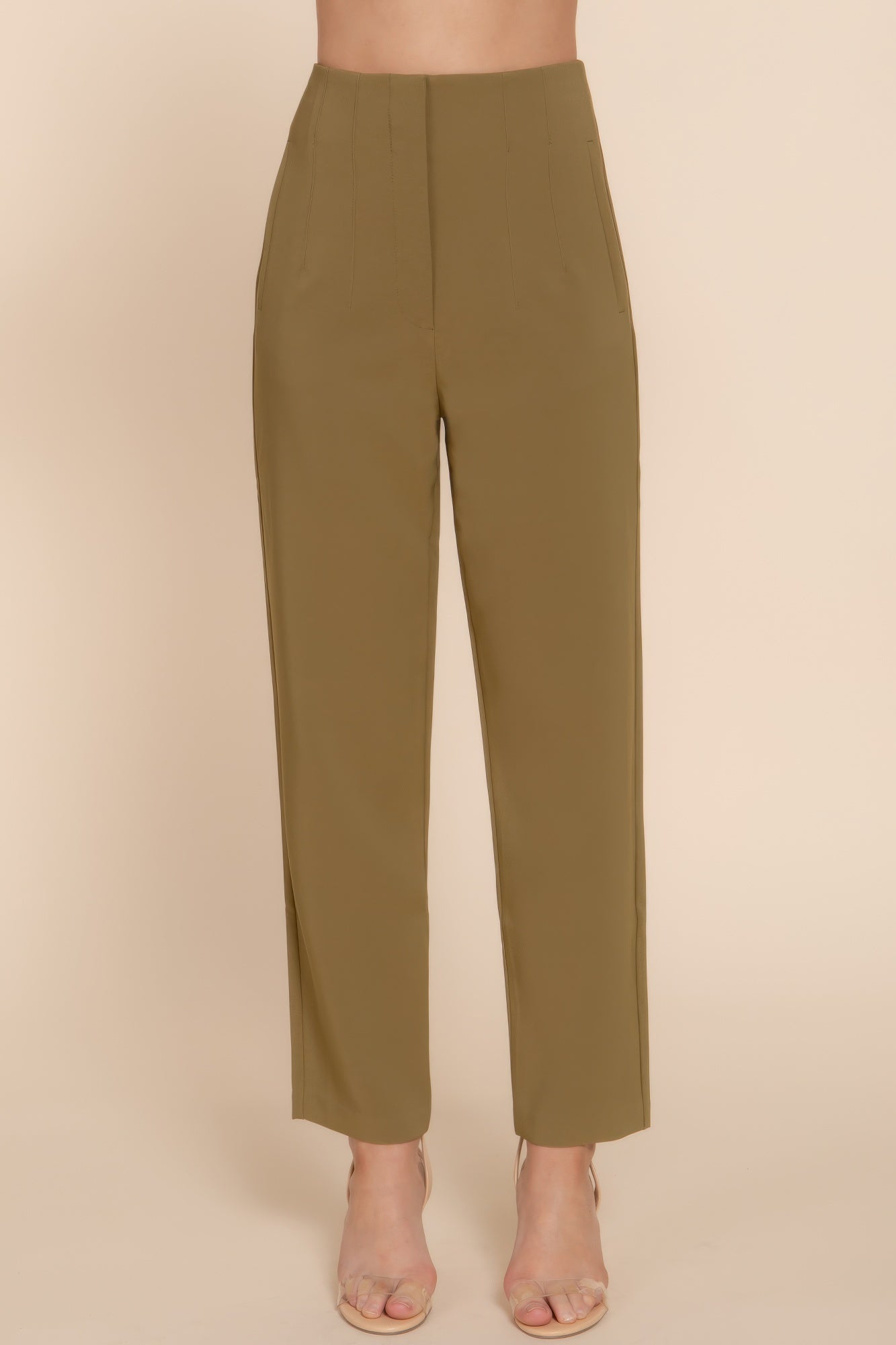 High-waist pintuck detail long pants, olive green, straight-leg ankle length