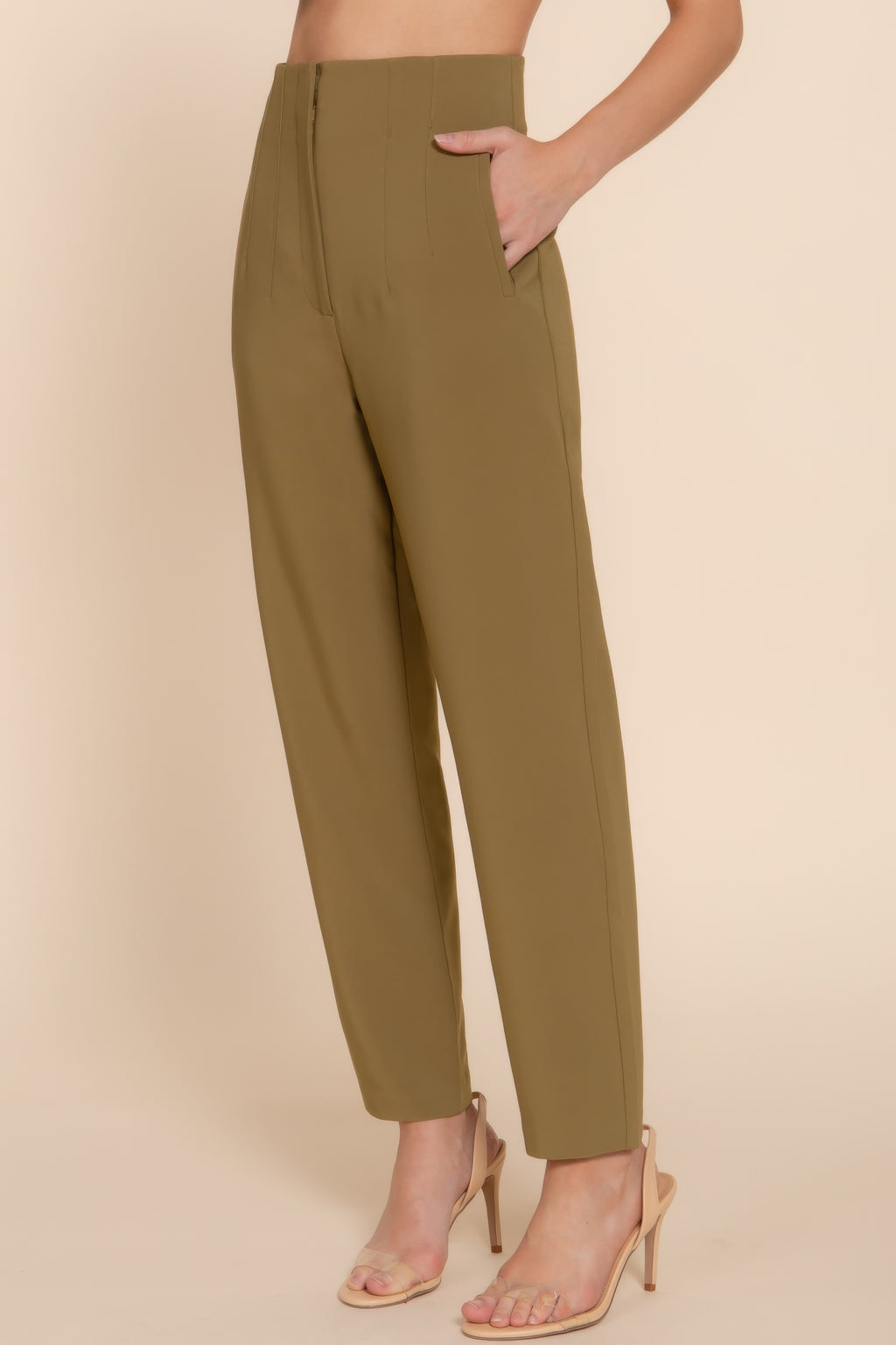 Olive green high-waist long pants, pintuck detail, side view with cuffed ankle hem