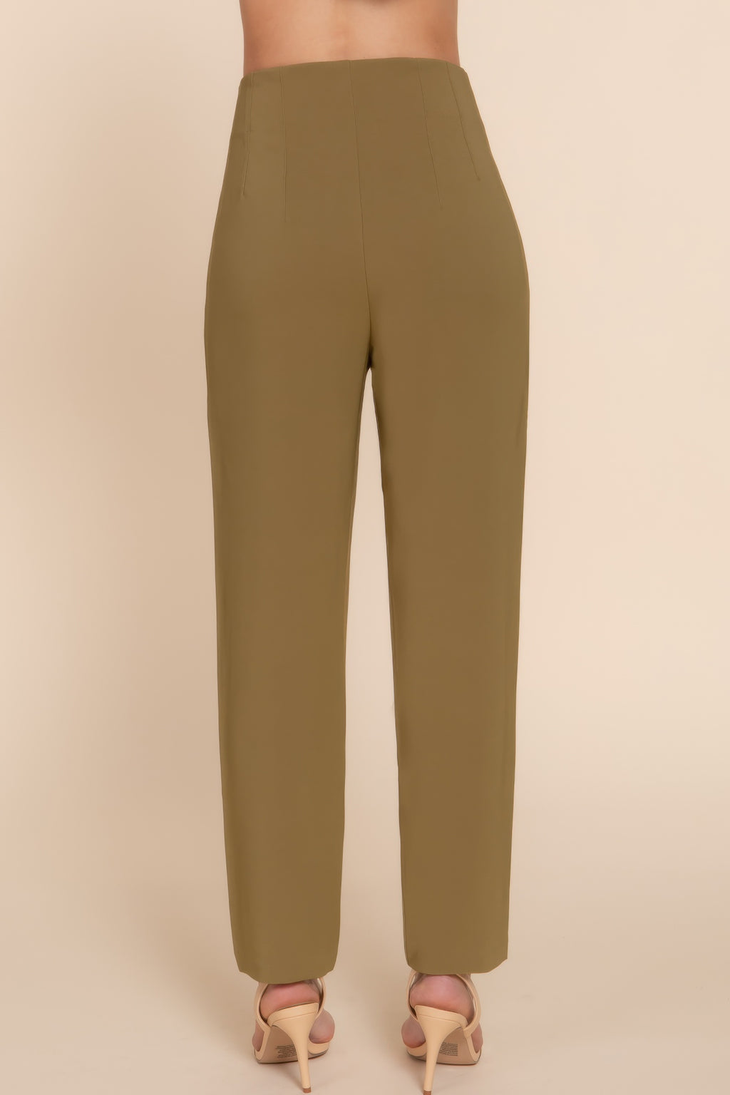 Olive green high-waist long pants with pintuck detail, back view