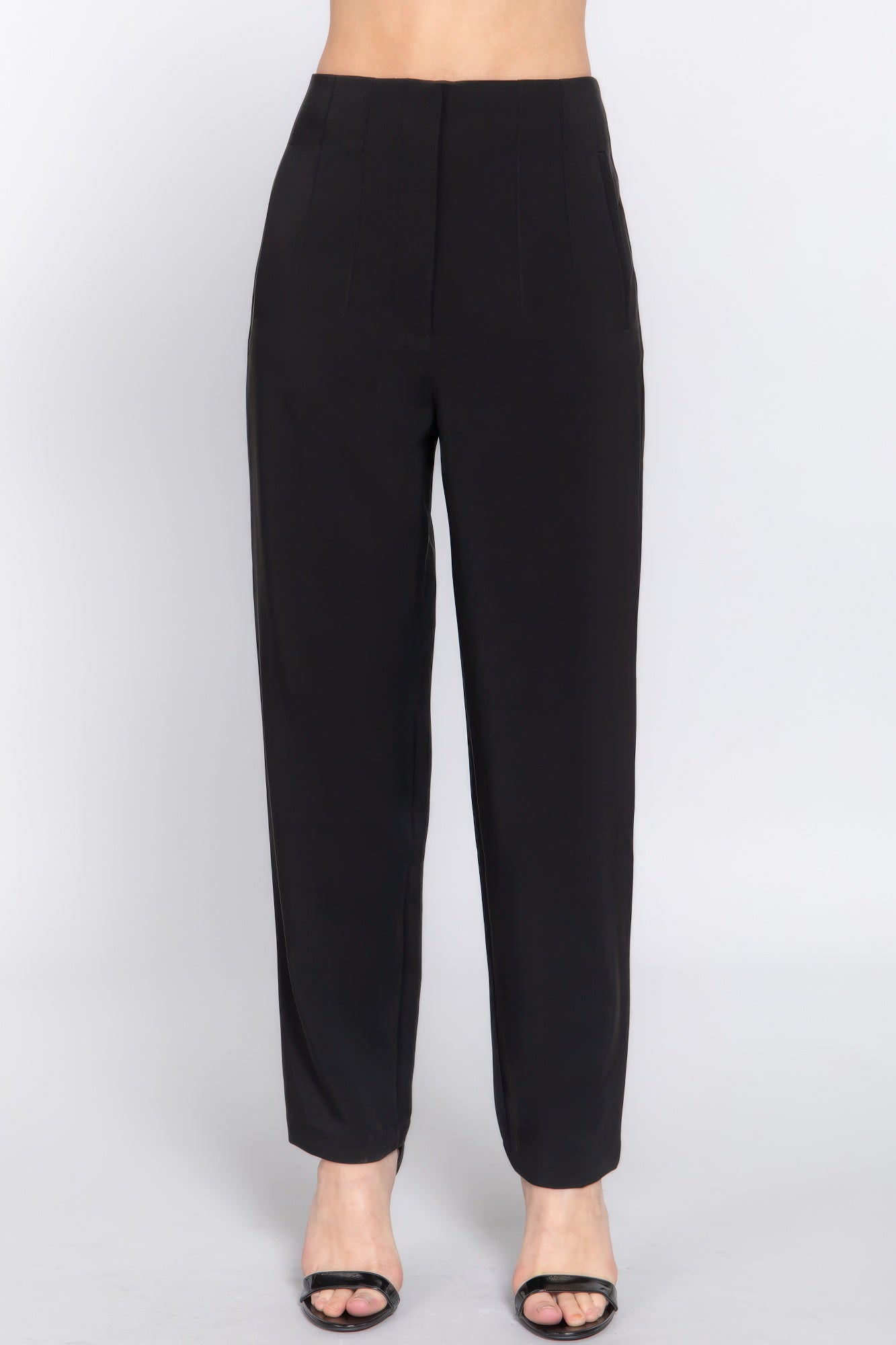 High-waist pintuck detail long pants, black, straight-leg ankle length