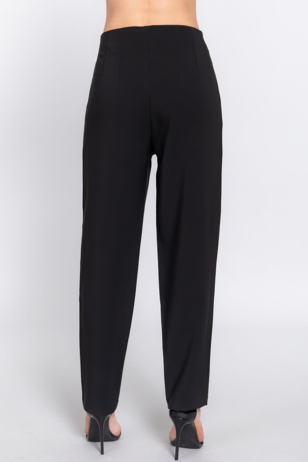 Black high-waist long pants with pintuck detail, back view