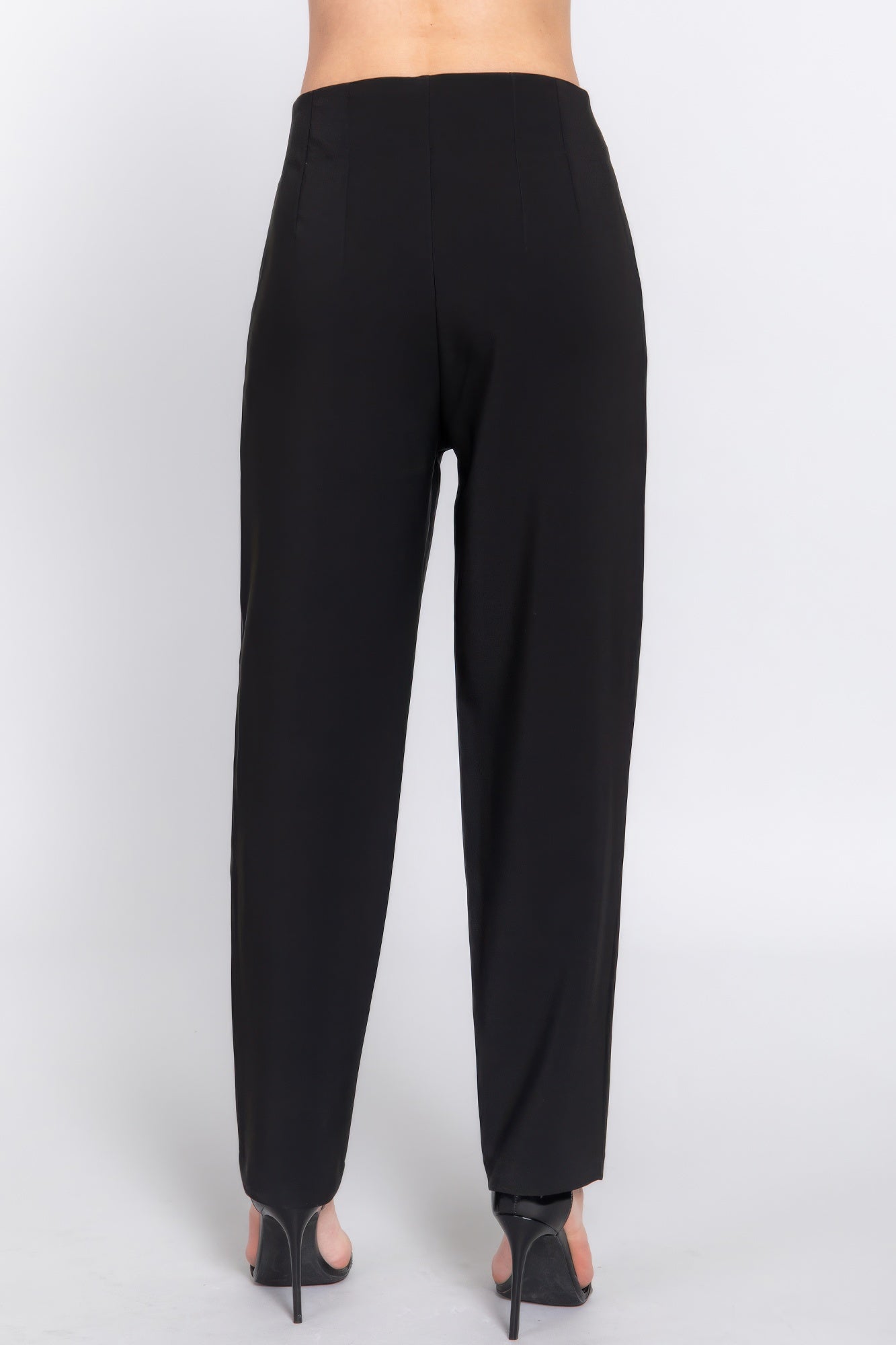 Black high-waist long pants with pintuck detail, back view