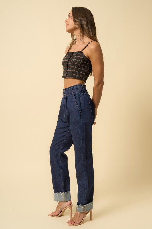 High Waist Pleated Slouchy Denim Pants - Tigbul's Variety Fashion Shop
