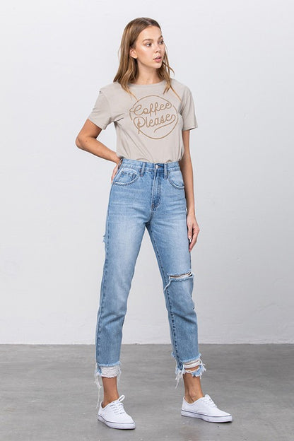 High Waist Ripped Frayed Hem Tapered Jeans - Tigbul's Variety Fashion Shop