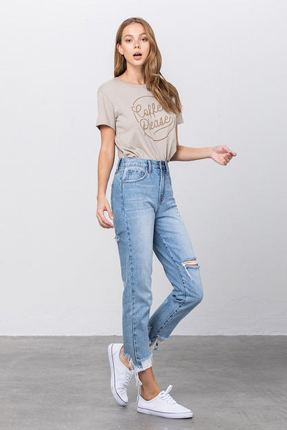 High Waist Ripped Frayed Hem Tapered Jeans - Tigbul's Variety Fashion Shop