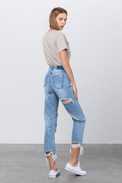 High Waist Ripped Frayed Hem Tapered Jeans - Tigbul's Variety Fashion Shop