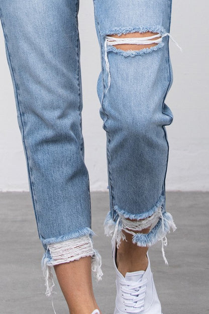 High Waist Ripped Frayed Hem Tapered Jeans - Tigbul's Variety Fashion Shop