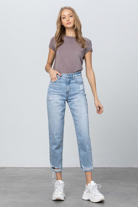 High Waist Ripped Hem Tapered Jeans - Tigbul's Variety Fashion Shop