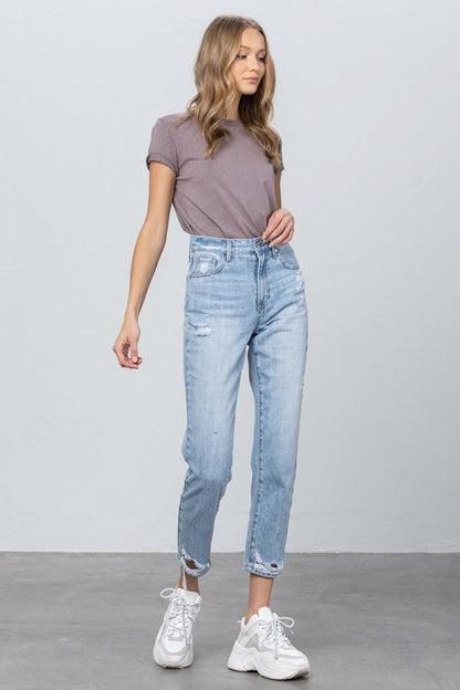 High Waist Ripped Hem Tapered Jeans - Tigbul's Variety Fashion Shop