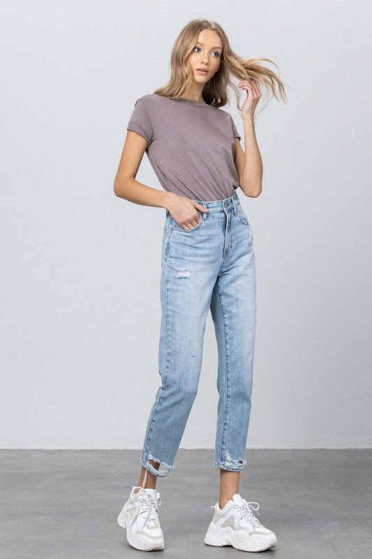 High Waist Ripped Hem Tapered Jeans - Tigbul's Variety Fashion Shop