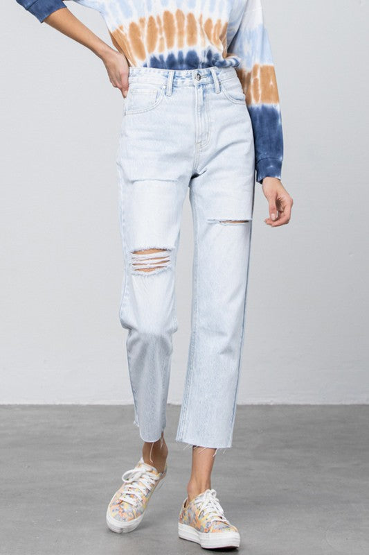 High Waist Ripped Raw Hem Crop Straight Jeans - Tigbul's Variety Fashion Shop