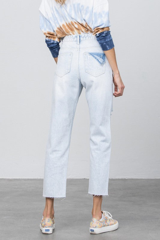 High Waist Ripped Raw Hem Crop Straight Jeans - Tigbul's Variety Fashion Shop