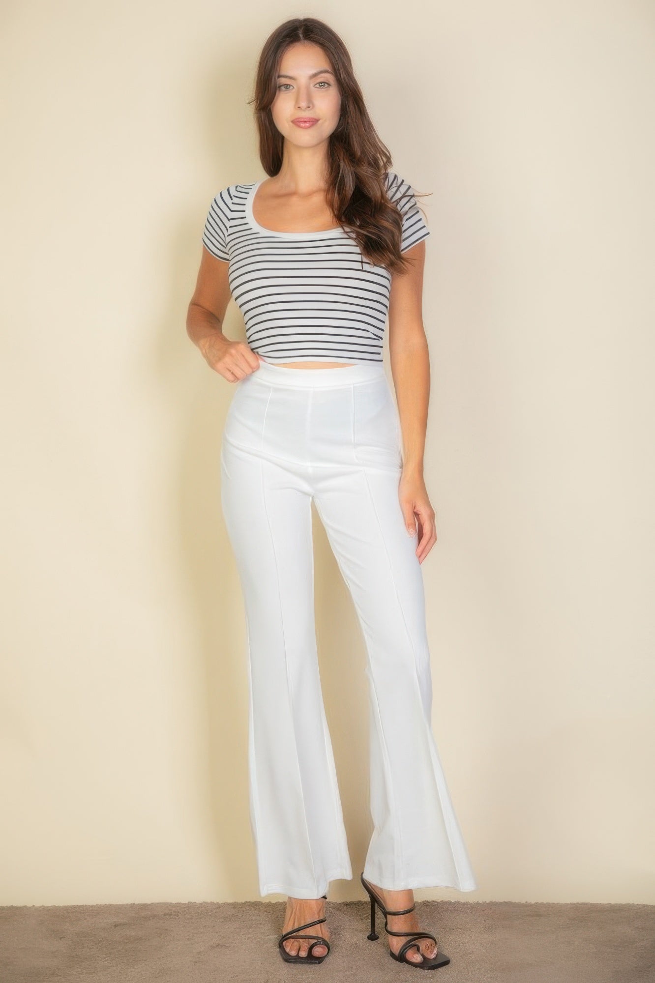 High waist stretch crepe flare pants, white, clean front with flared leg