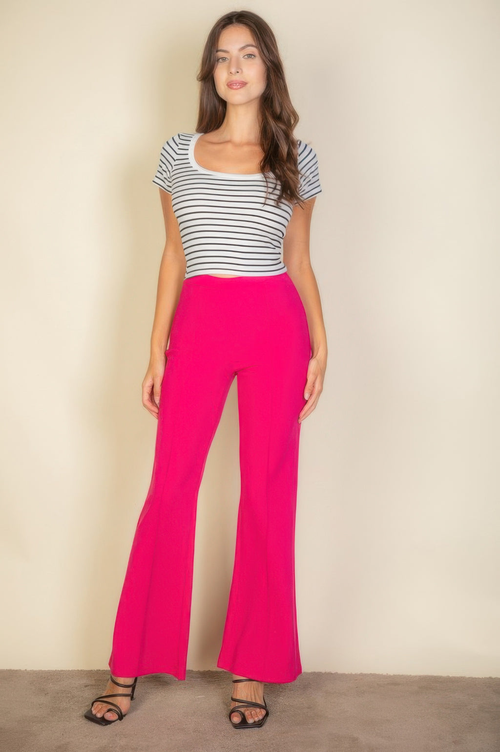 High waist stretch crepe flare pants, fuchsia pink with wide flared legs