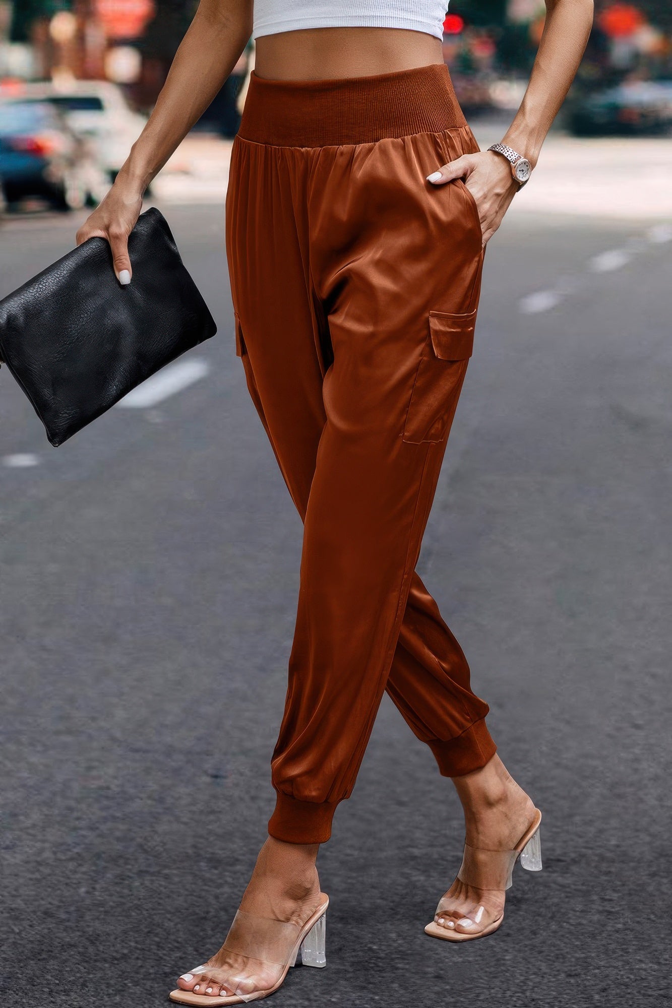 High Waist Trousers Pocket Satin Jogger Pants - Tigbul's Variety Fashion Shop