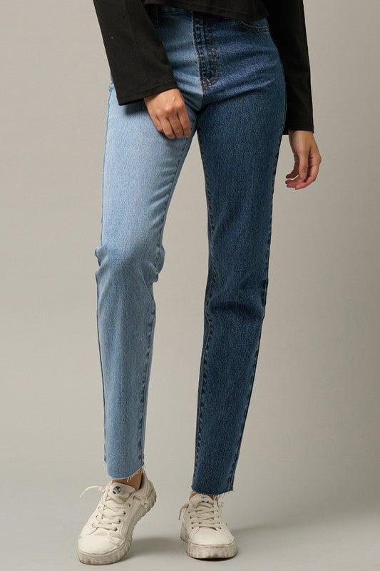 High Waist Two Tone Raw Hem Straight Jeans - Tigbul's Variety Fashion Shop