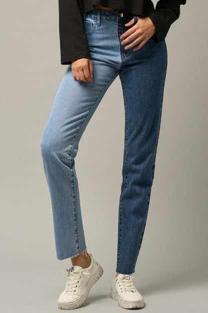 High Waist Two Tone Raw Hem Straight Jeans - Tigbul's Variety Fashion Shop