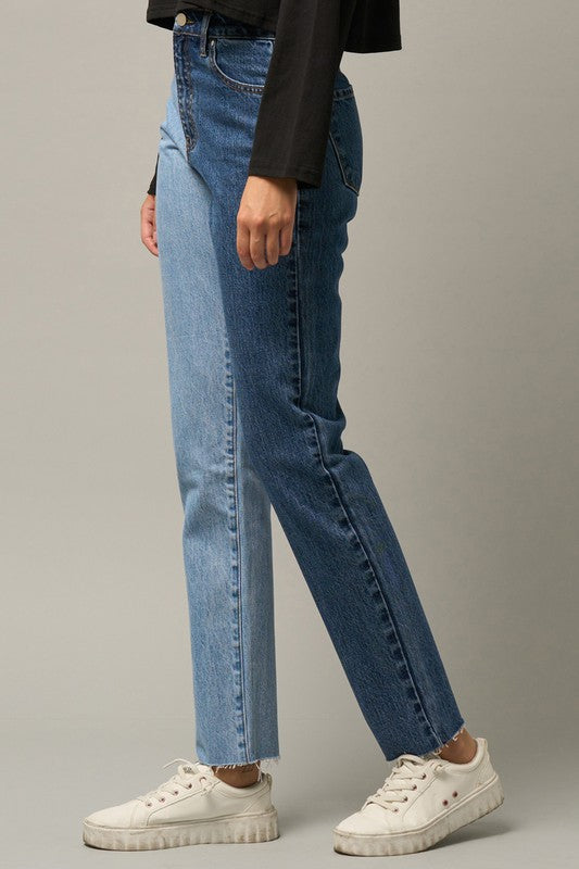 High Waist Two Tone Raw Hem Straight Jeans - Tigbul's Variety Fashion Shop
