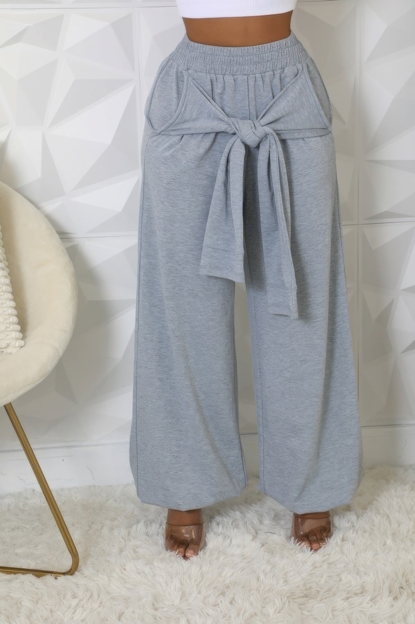 Heather grey wide-leg pants, high rise with gathered elastic waist and tie
