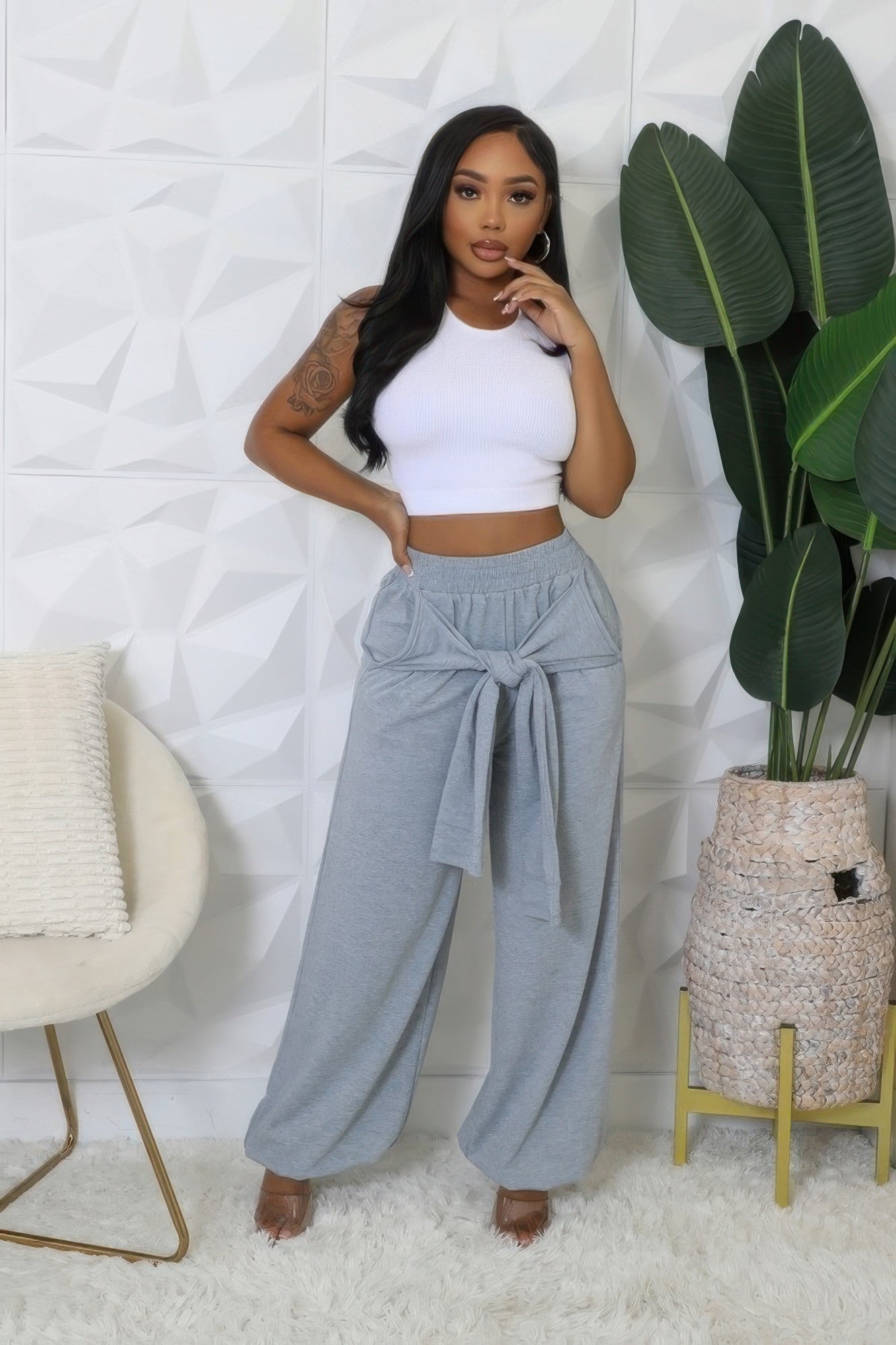 High-waisted heather grey stretch pants with draped tie front and wide leg