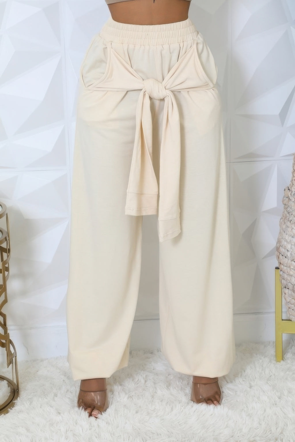 Bone high-waisted stretch pants, elastic waistband with large bow-tie detail