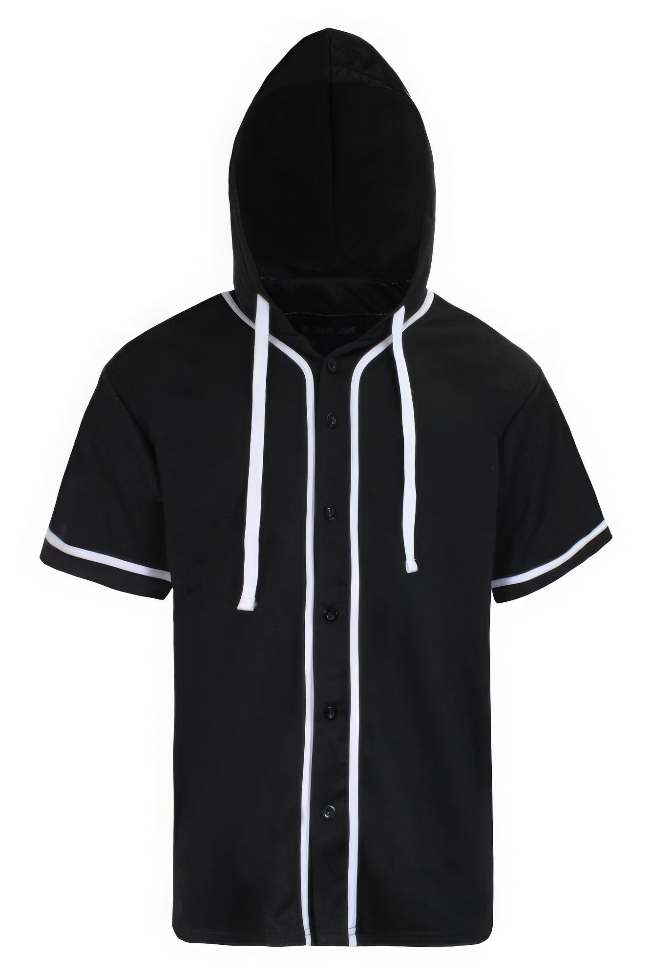 Hooded baseball jersey in black with white drawstrings and button placket