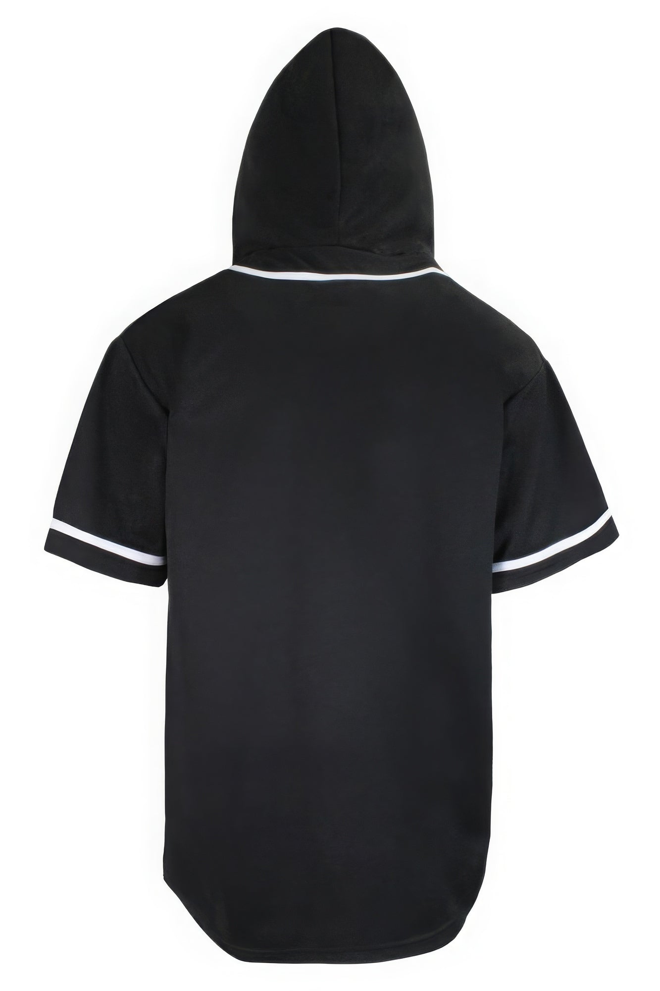 Black hooded baseball jersey, back view, white-trimmed sleeves and hood