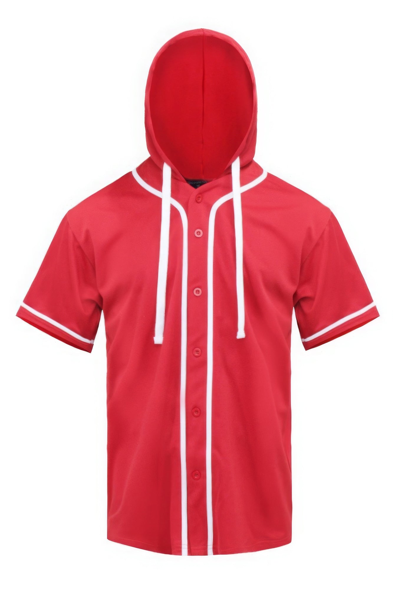 Hooded baseball jersey in red with white drawstrings and button placket