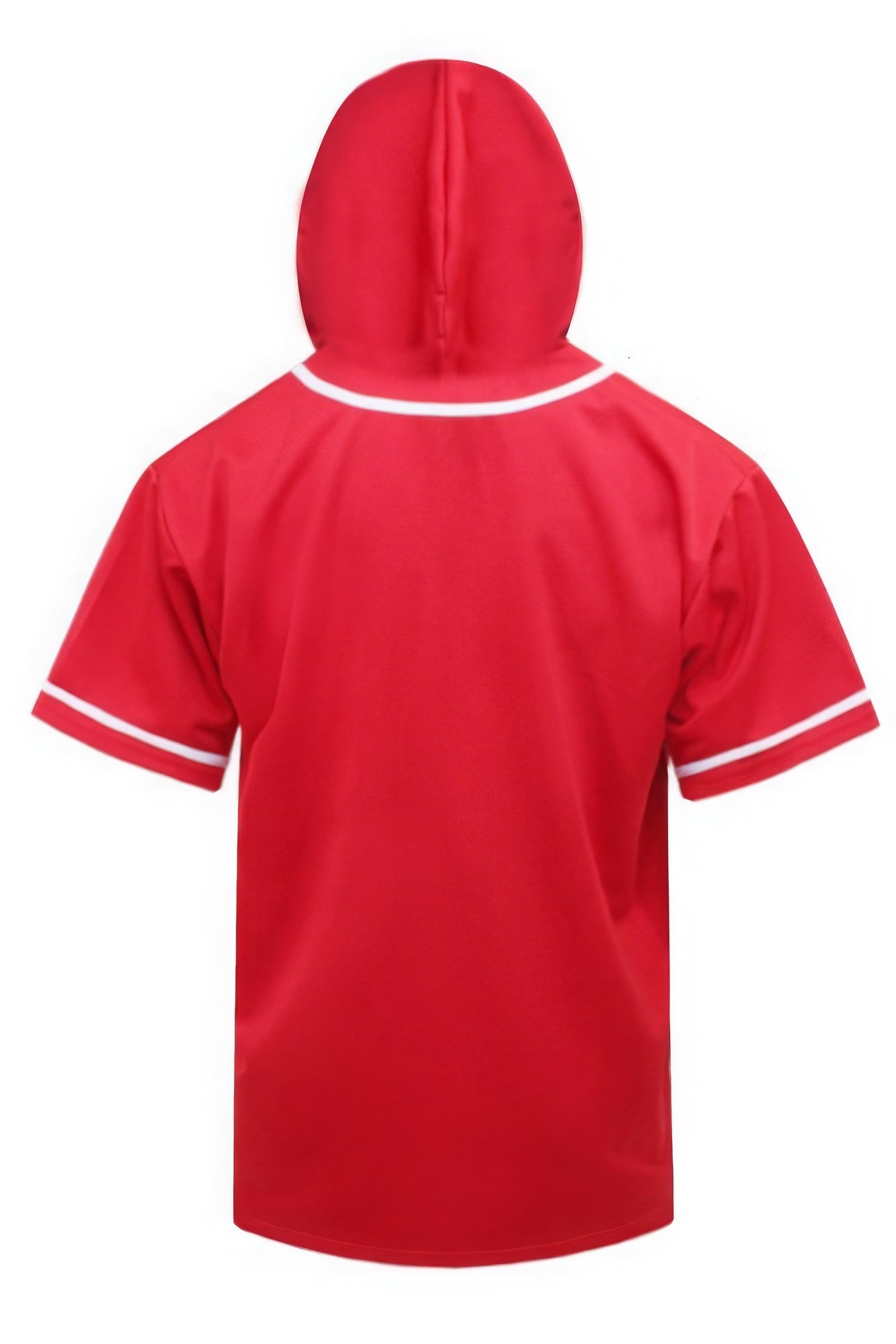Red hooded baseball jersey, back view, white-trimmed sleeves and hood