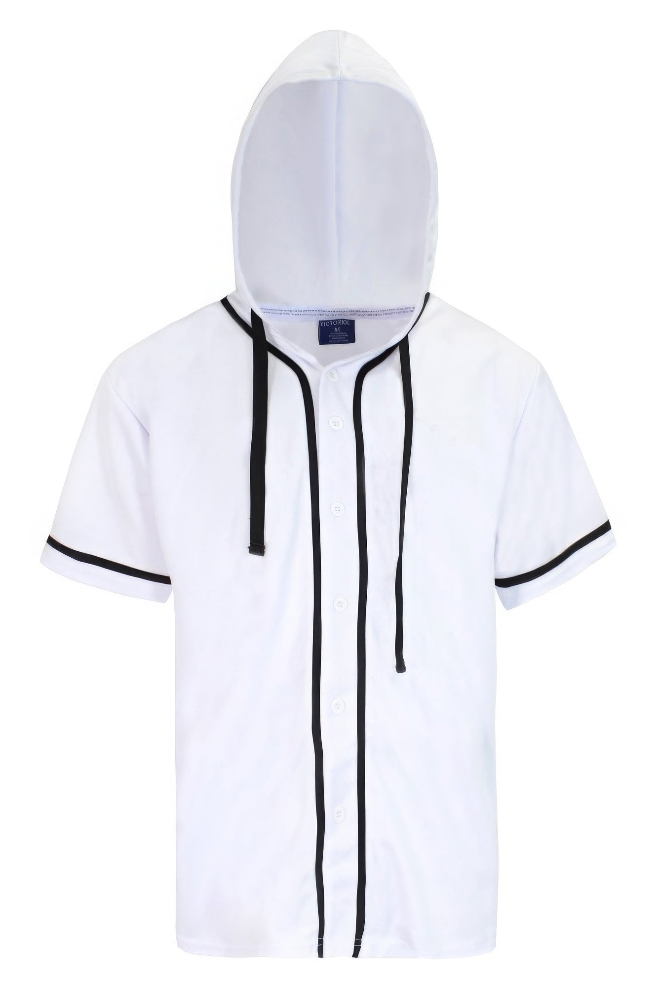 Hooded baseball jersey in white with black trim and drawstrings