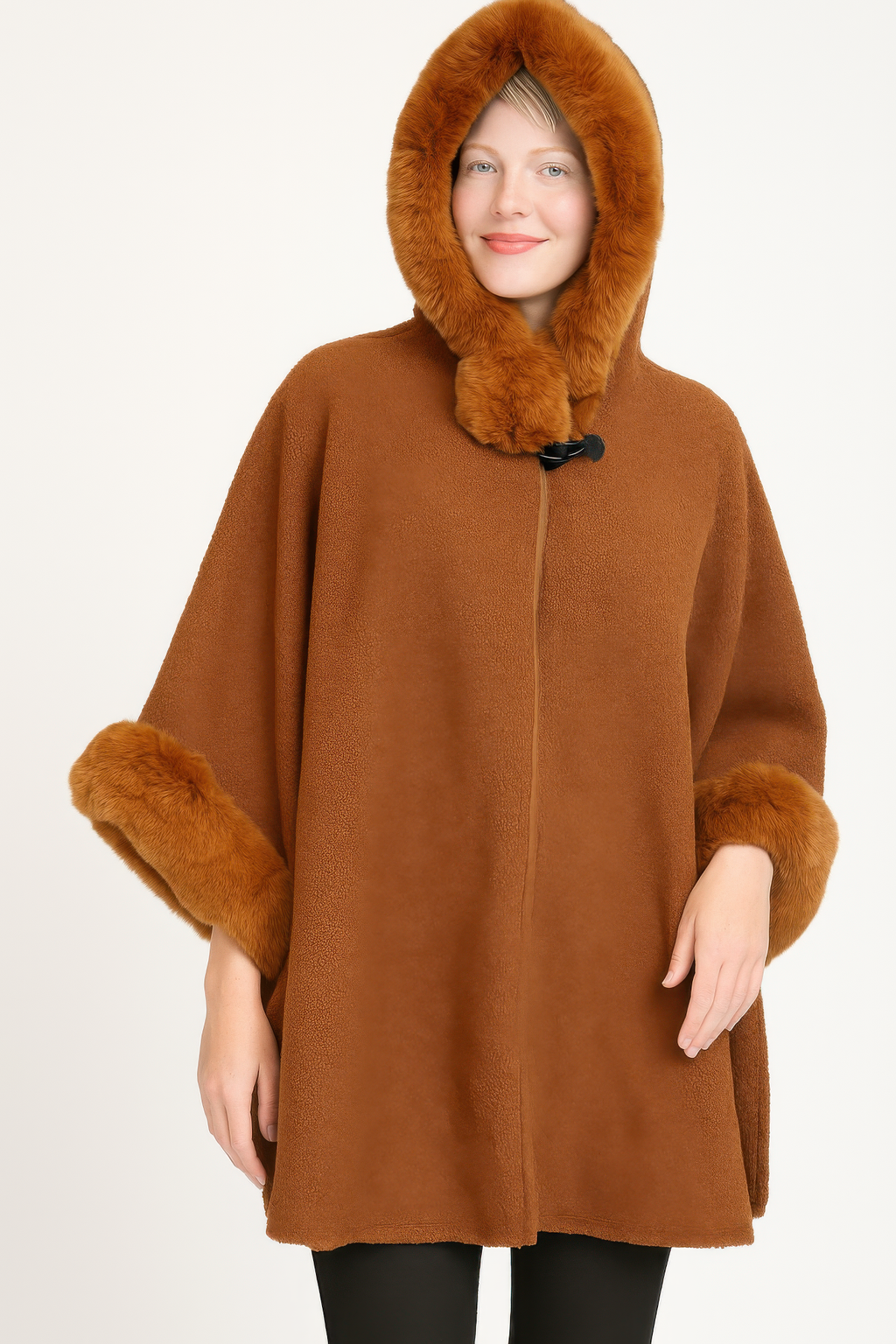 Camel hooded faux fur trim cape with front closure and plush cuff sleeves