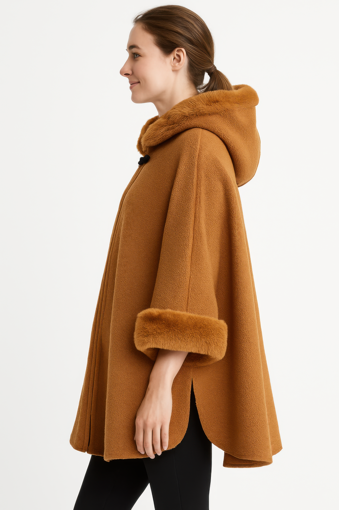 Camel hooded cape, side view with faux fur-lined hood and elbow cuffs