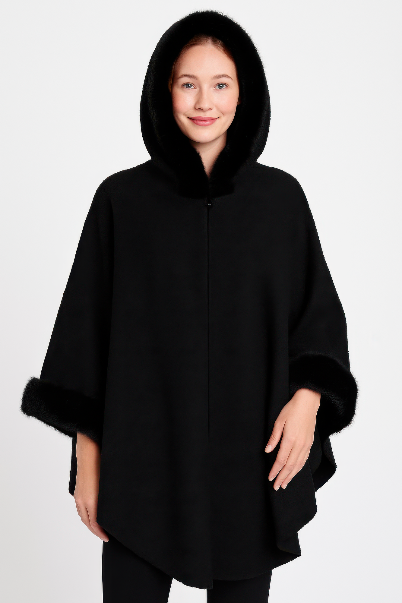 Black hooded faux fur trim cape with front closure and fuzzy hem cuffs