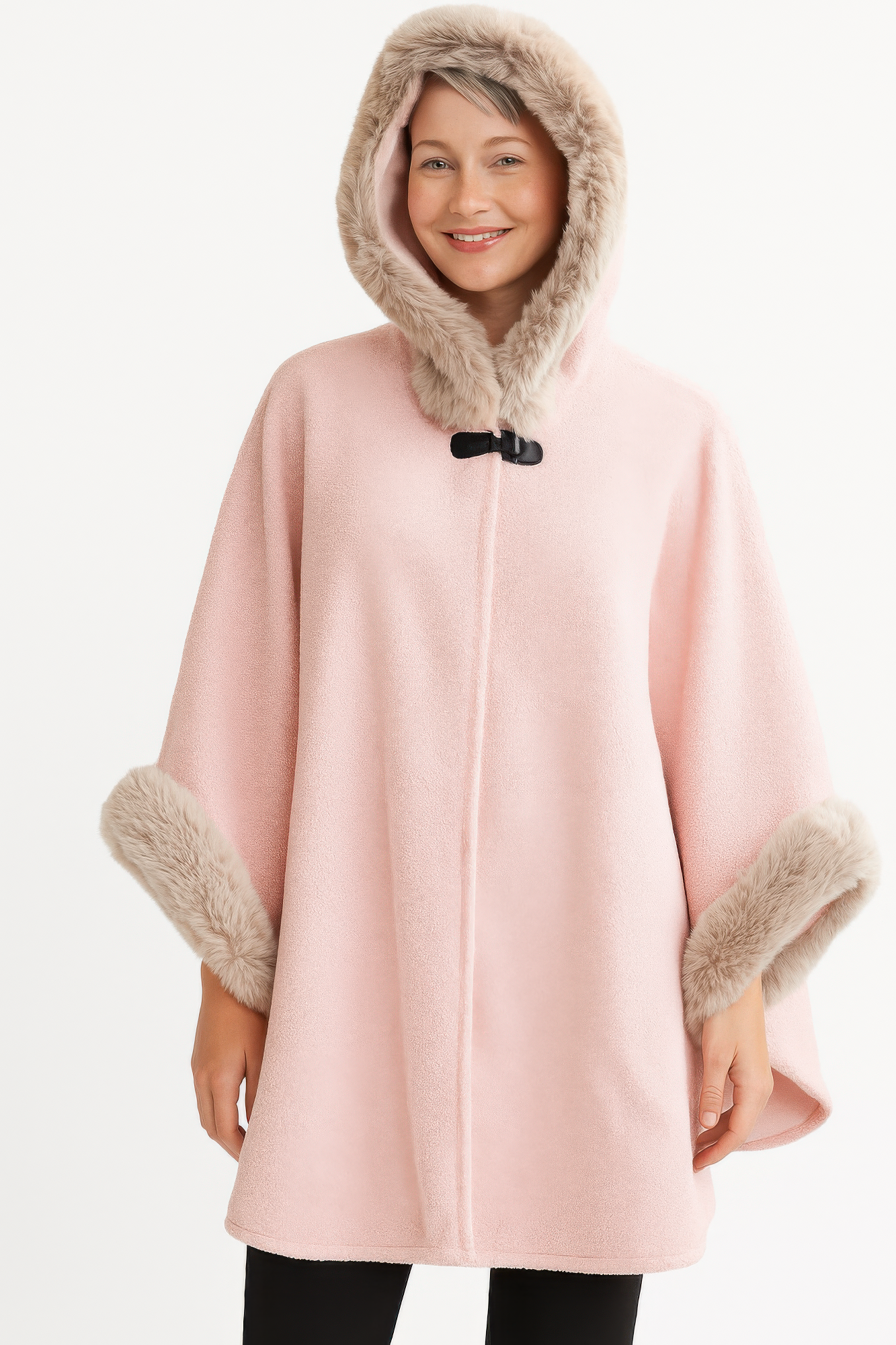 Pink hooded faux fur trim cape with front closure and fluffy hood lining