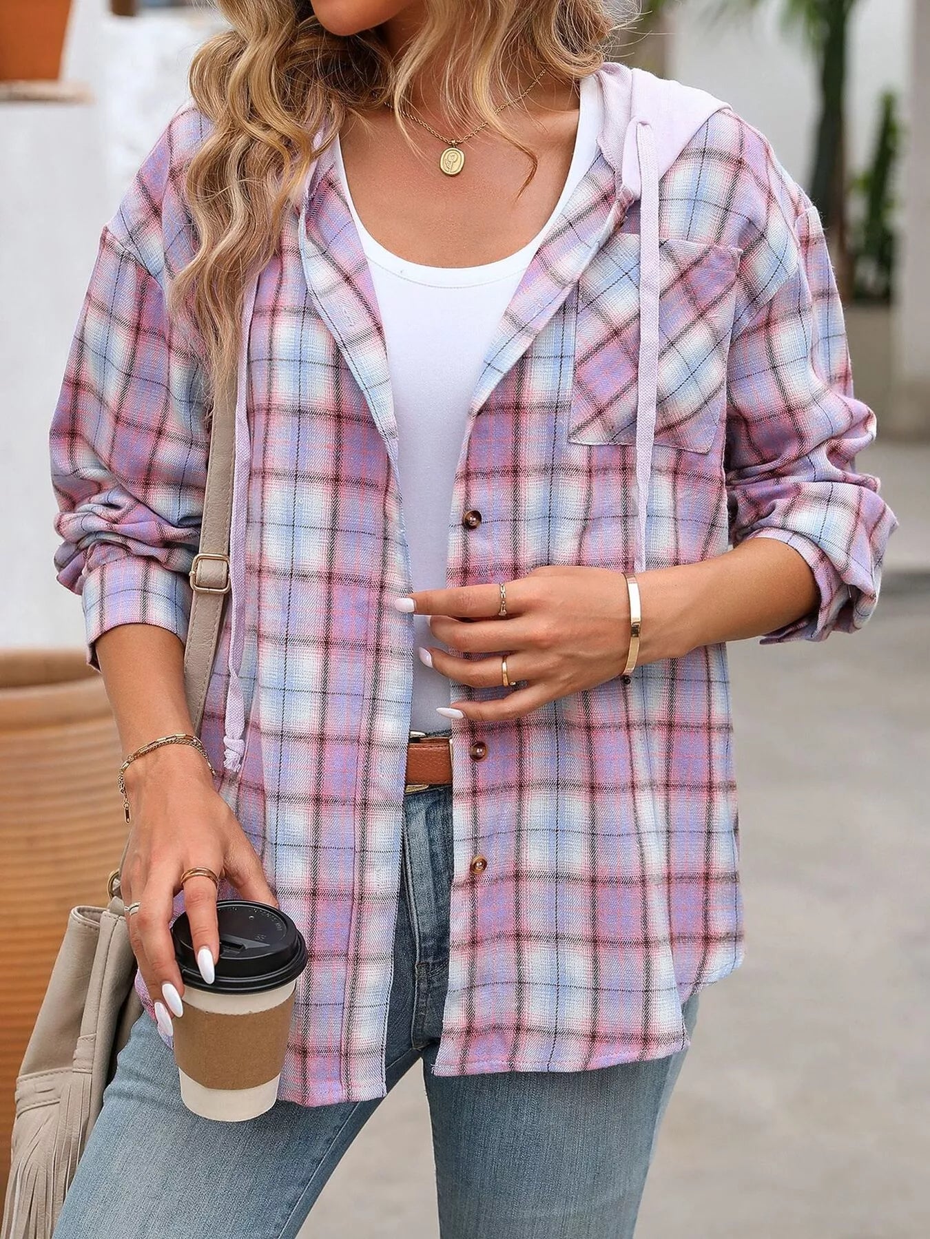 Hooded Plaid Button-Up Shirt - Tigbul's Variety Fashion Shop