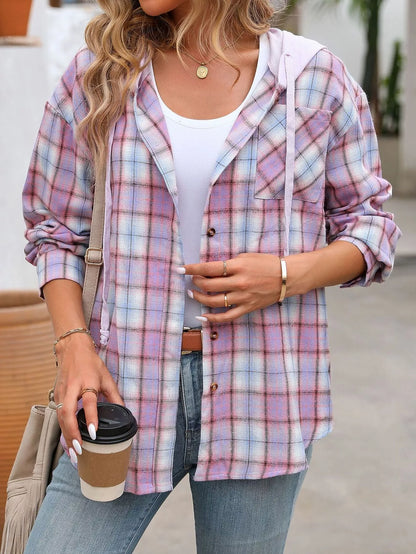 Hooded Plaid Button-Up Shirt - Tigbul's Variety Fashion Shop